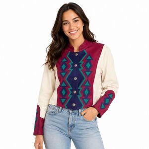 VINTAGE TO DY FOR Women’s Cream Purple Teal Southwestern Cropped Jacket Medium